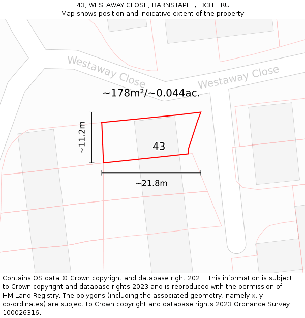 43, WESTAWAY CLOSE, BARNSTAPLE, EX31 1RU: Plot and title map