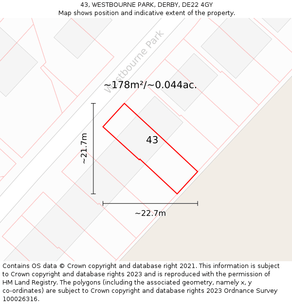 43, WESTBOURNE PARK, DERBY, DE22 4GY: Plot and title map