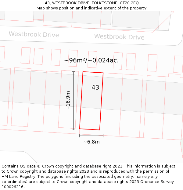 43, WESTBROOK DRIVE, FOLKESTONE, CT20 2EQ: Plot and title map