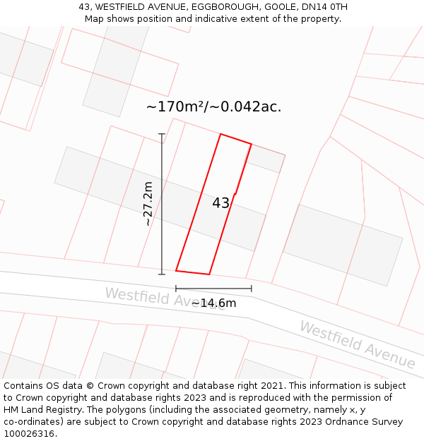 43, WESTFIELD AVENUE, EGGBOROUGH, GOOLE, DN14 0TH: Plot and title map