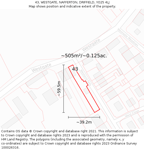 43, WESTGATE, NAFFERTON, DRIFFIELD, YO25 4LJ: Plot and title map
