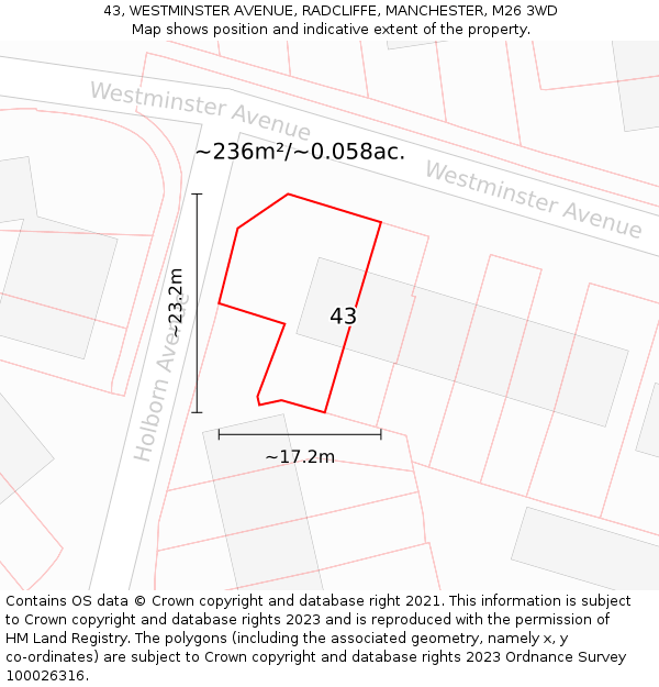 43, WESTMINSTER AVENUE, RADCLIFFE, MANCHESTER, M26 3WD: Plot and title map
