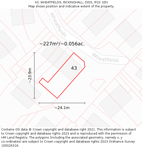43, WHEATFIELDS, RICKINGHALL, DISS, IP22 1EN: Plot and title map