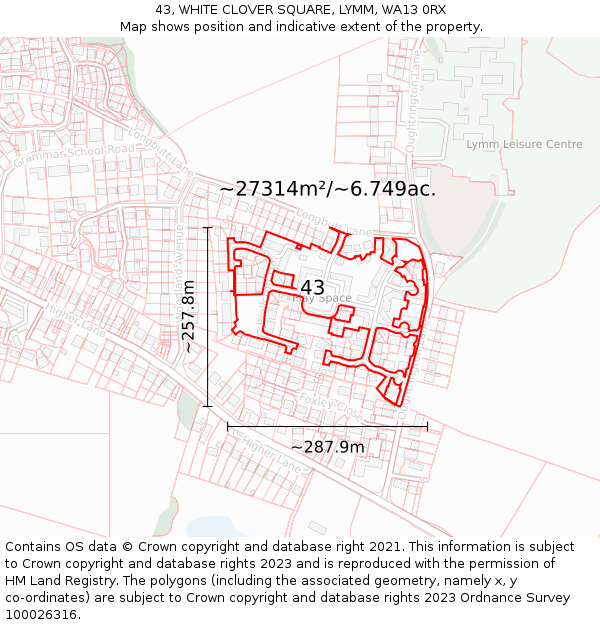 43, WHITE CLOVER SQUARE, LYMM, WA13 0RX: Plot and title map