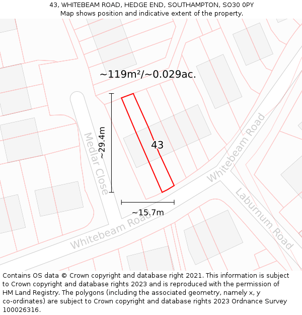 43, WHITEBEAM ROAD, HEDGE END, SOUTHAMPTON, SO30 0PY: Plot and title map