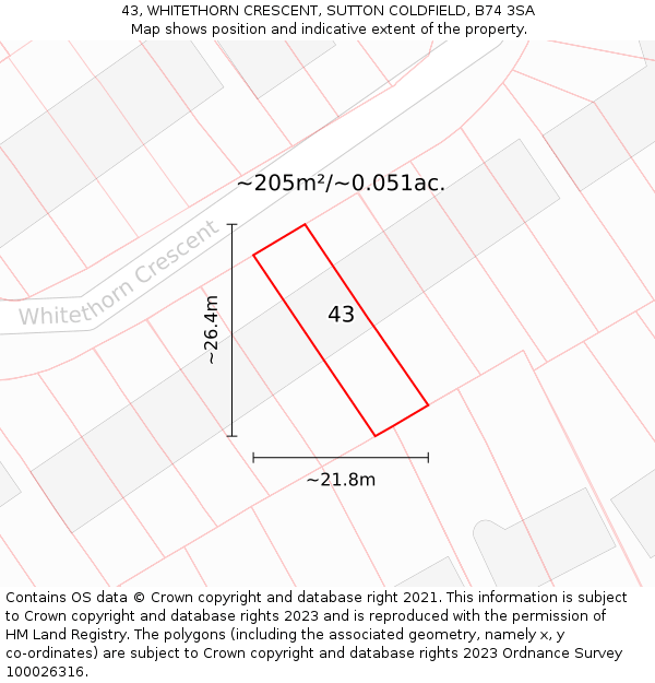 43, WHITETHORN CRESCENT, SUTTON COLDFIELD, B74 3SA: Plot and title map