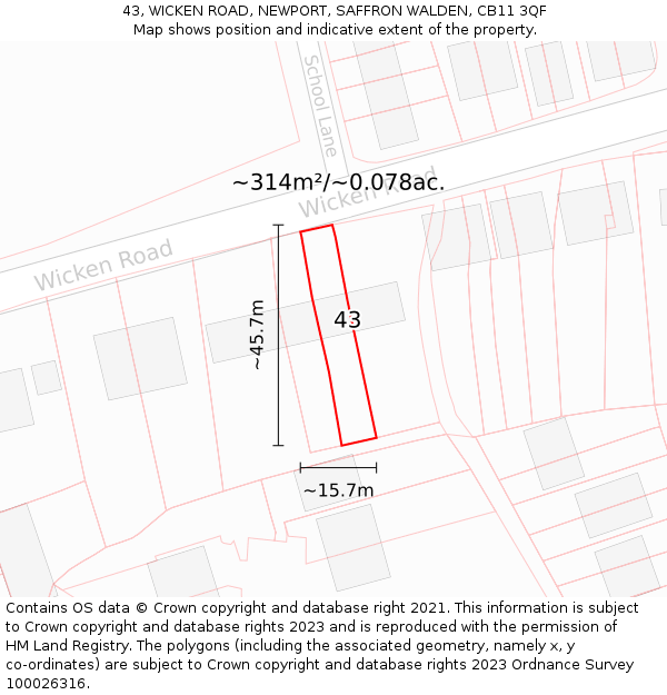 43, WICKEN ROAD, NEWPORT, SAFFRON WALDEN, CB11 3QF: Plot and title map