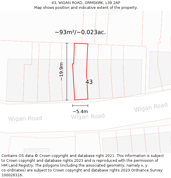 43, WIGAN ROAD, ORMSKIRK, L39 2AP: Plot and title map