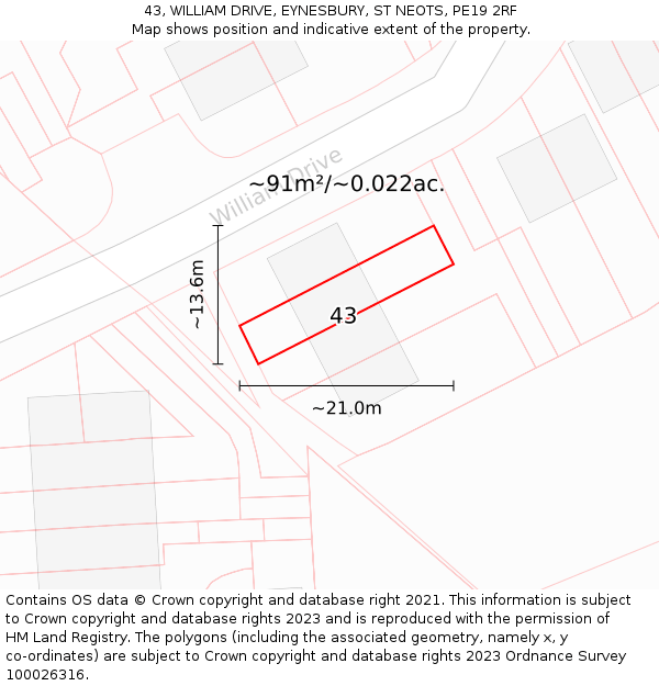 43, WILLIAM DRIVE, EYNESBURY, ST NEOTS, PE19 2RF: Plot and title map