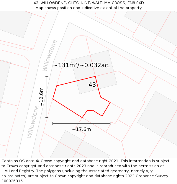 43, WILLOWDENE, CHESHUNT, WALTHAM CROSS, EN8 0XD: Plot and title map