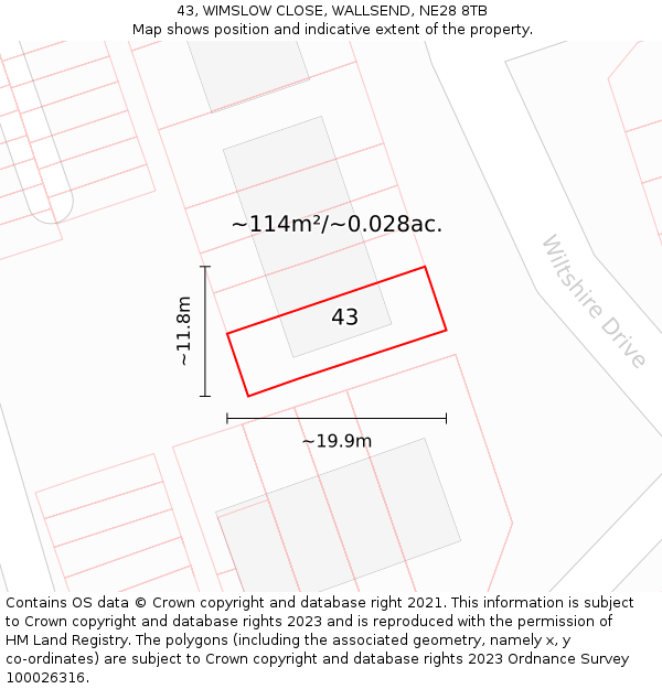 43, WIMSLOW CLOSE, WALLSEND, NE28 8TB: Plot and title map