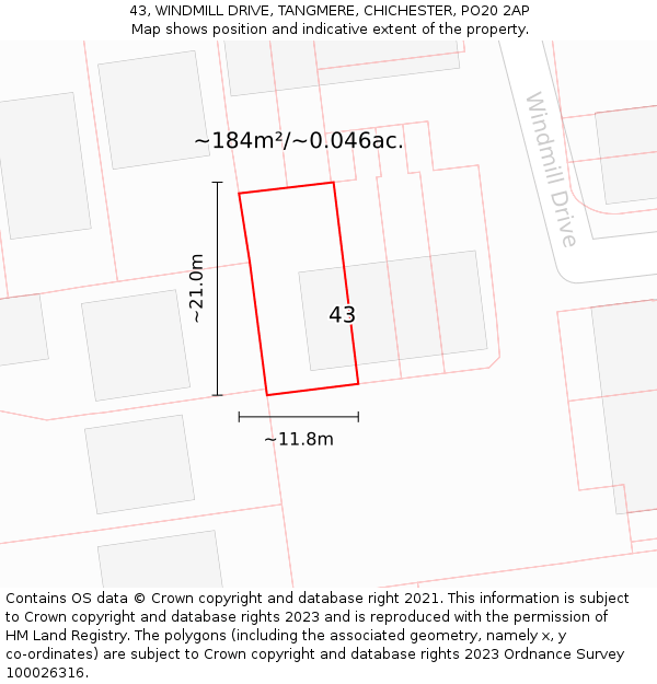 43, WINDMILL DRIVE, TANGMERE, CHICHESTER, PO20 2AP: Plot and title map