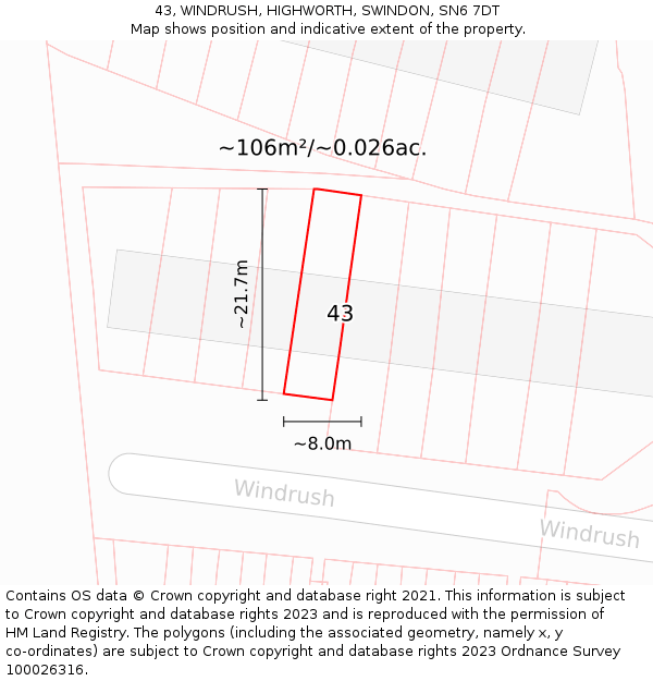 43, WINDRUSH, HIGHWORTH, SWINDON, SN6 7DT: Plot and title map