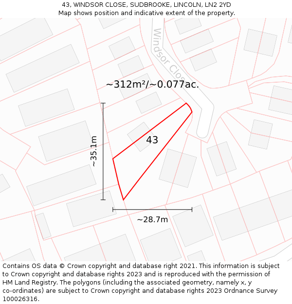 43, WINDSOR CLOSE, SUDBROOKE, LINCOLN, LN2 2YD: Plot and title map