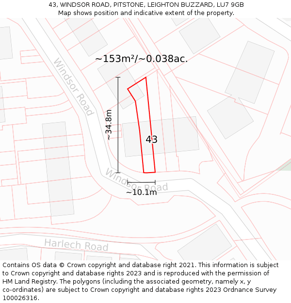 43, WINDSOR ROAD, PITSTONE, LEIGHTON BUZZARD, LU7 9GB: Plot and title map