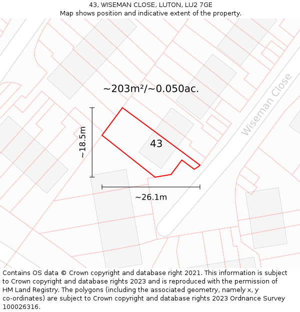 43, WISEMAN CLOSE, LUTON, LU2 7GE: Plot and title map
