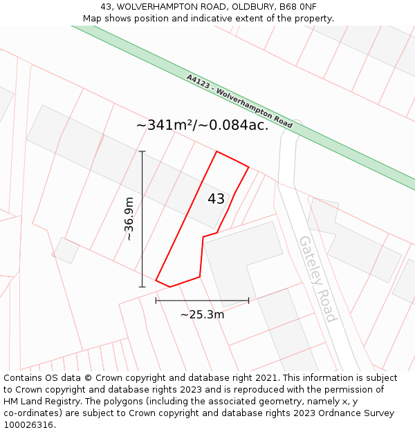 43, WOLVERHAMPTON ROAD, OLDBURY, B68 0NF: Plot and title map