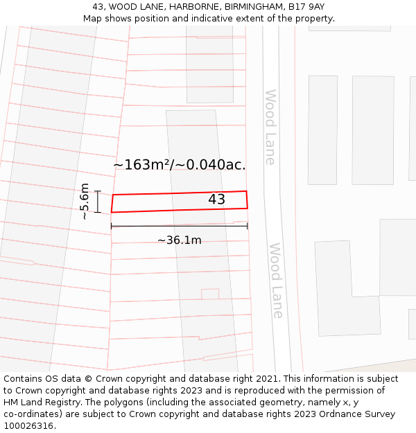 43, WOOD LANE, HARBORNE, BIRMINGHAM, B17 9AY: Plot and title map