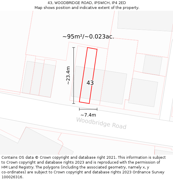 43, WOODBRIDGE ROAD, IPSWICH, IP4 2ED: Plot and title map