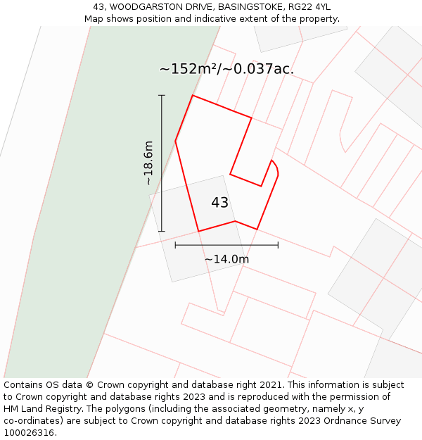 43, WOODGARSTON DRIVE, BASINGSTOKE, RG22 4YL: Plot and title map
