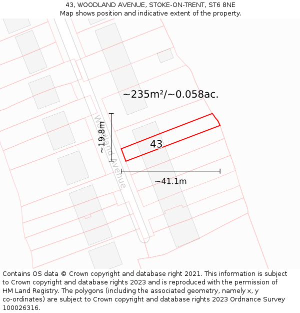 43, WOODLAND AVENUE, STOKE-ON-TRENT, ST6 8NE: Plot and title map