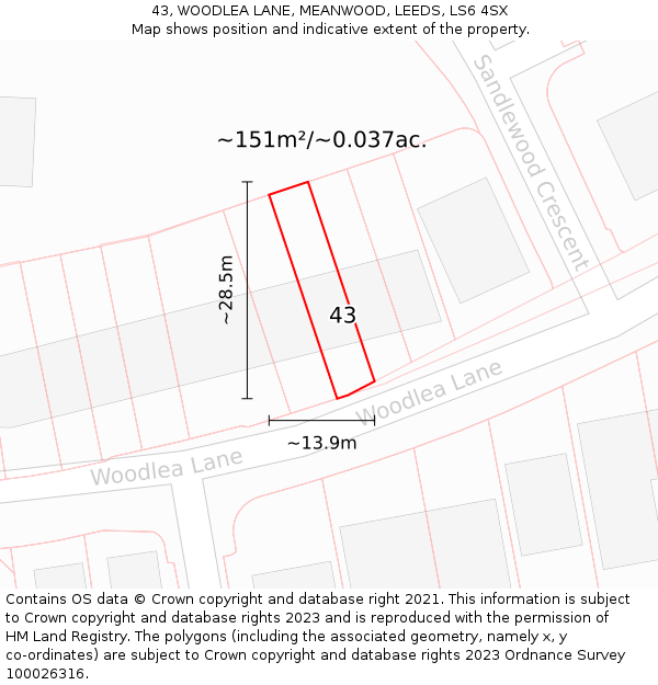 43, WOODLEA LANE, MEANWOOD, LEEDS, LS6 4SX: Plot and title map