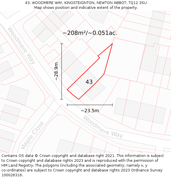 43, WOODMERE WAY, KINGSTEIGNTON, NEWTON ABBOT, TQ12 3SU: Plot and title map