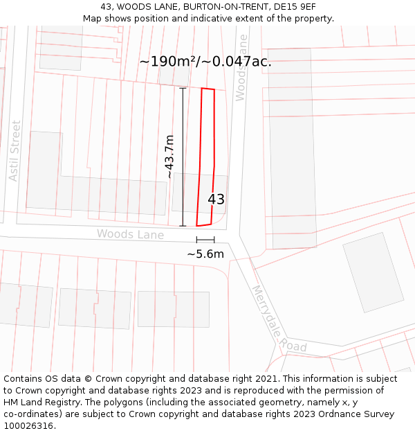 43, WOODS LANE, BURTON-ON-TRENT, DE15 9EF: Plot and title map