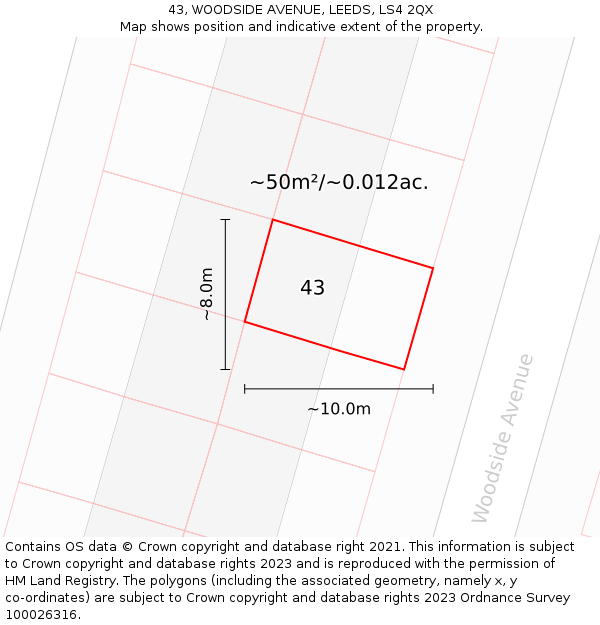 43, WOODSIDE AVENUE, LEEDS, LS4 2QX: Plot and title map