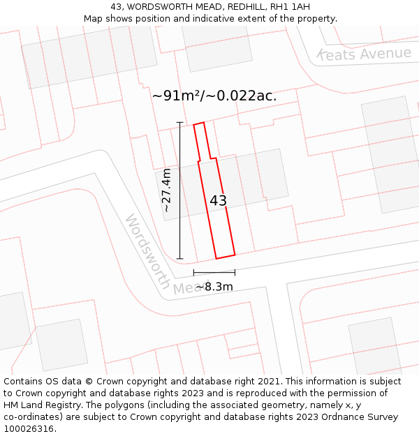 43, WORDSWORTH MEAD, REDHILL, RH1 1AH: Plot and title map