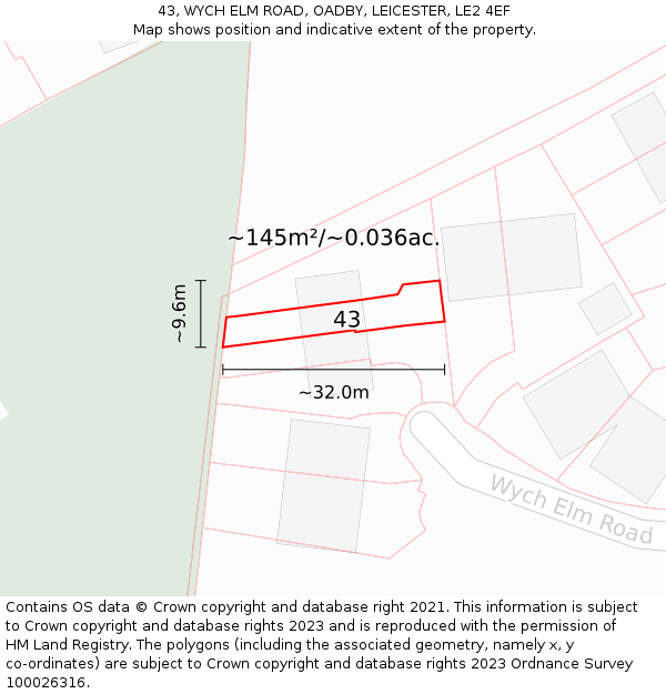 43, WYCH ELM ROAD, OADBY, LEICESTER, LE2 4EF: Plot and title map