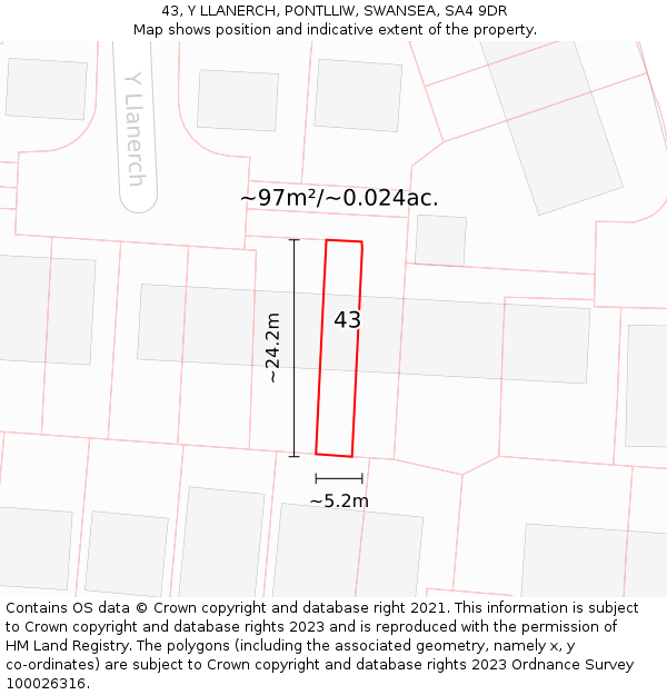 43, Y LLANERCH, PONTLLIW, SWANSEA, SA4 9DR: Plot and title map