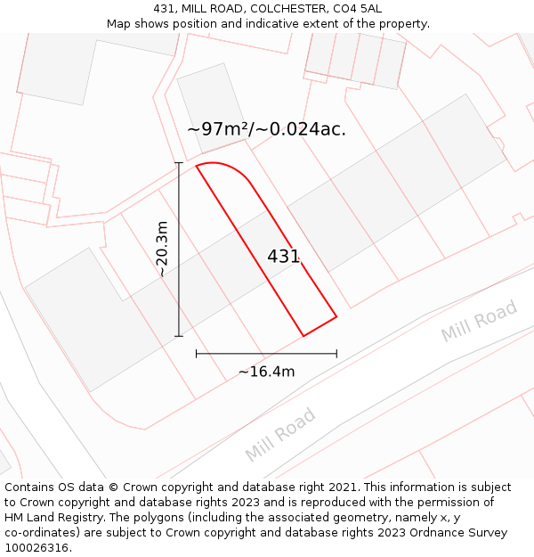 431, MILL ROAD, COLCHESTER, CO4 5AL: Plot and title map