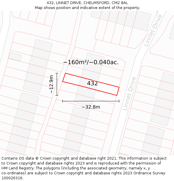 432, LINNET DRIVE, CHELMSFORD, CM2 8AL: Plot and title map