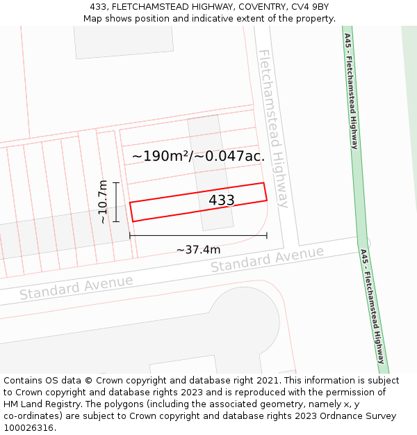 433, FLETCHAMSTEAD HIGHWAY, COVENTRY, CV4 9BY: Plot and title map