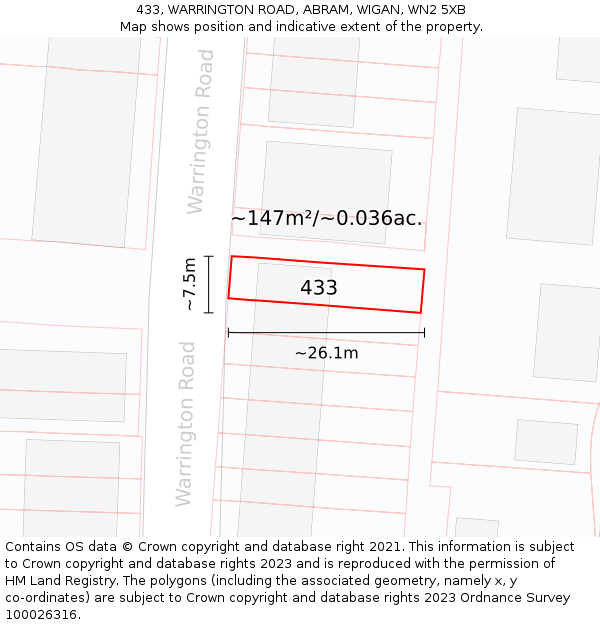 433, WARRINGTON ROAD, ABRAM, WIGAN, WN2 5XB: Plot and title map