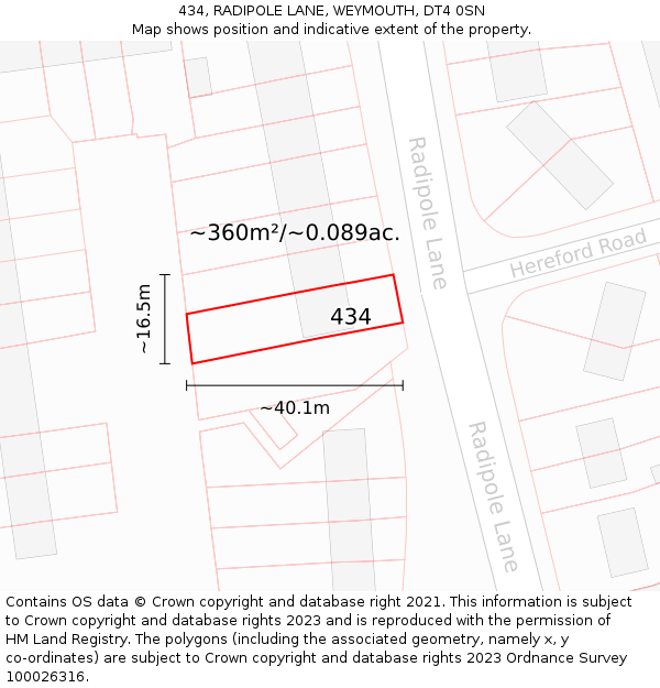 434, RADIPOLE LANE, WEYMOUTH, DT4 0SN: Plot and title map