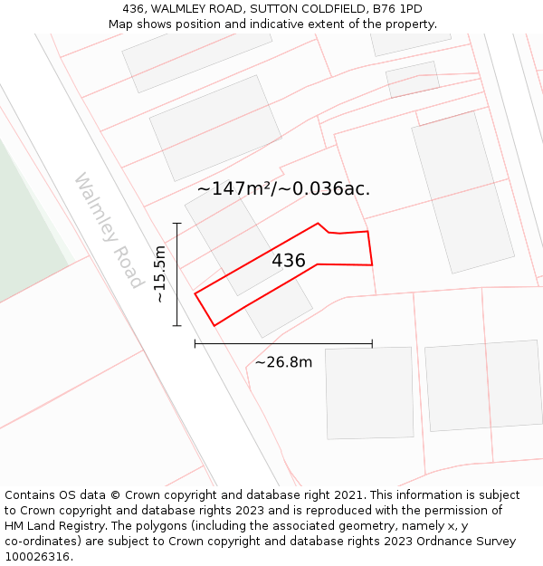 436, WALMLEY ROAD, SUTTON COLDFIELD, B76 1PD: Plot and title map