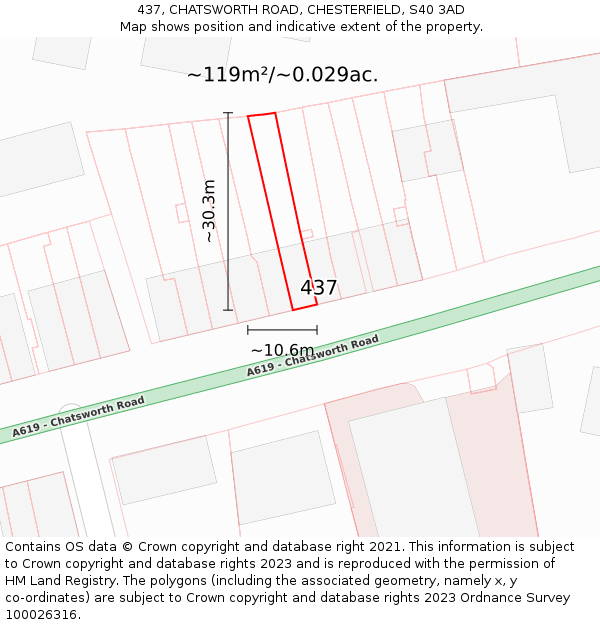 437, CHATSWORTH ROAD, CHESTERFIELD, S40 3AD: Plot and title map