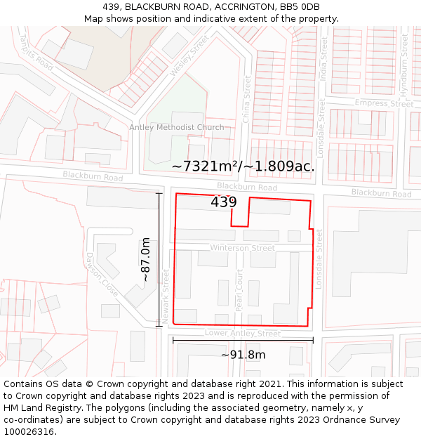 439, BLACKBURN ROAD, ACCRINGTON, BB5 0DB: Plot and title map