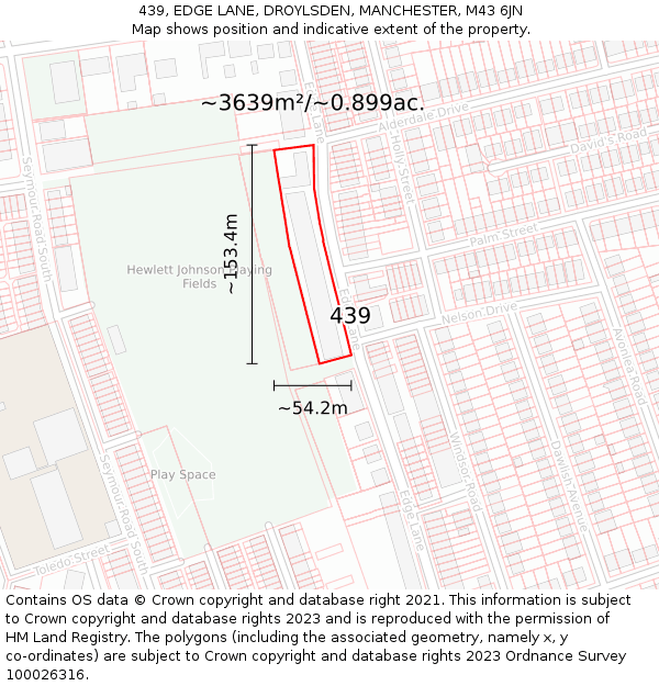 439, EDGE LANE, DROYLSDEN, MANCHESTER, M43 6JN: Plot and title map