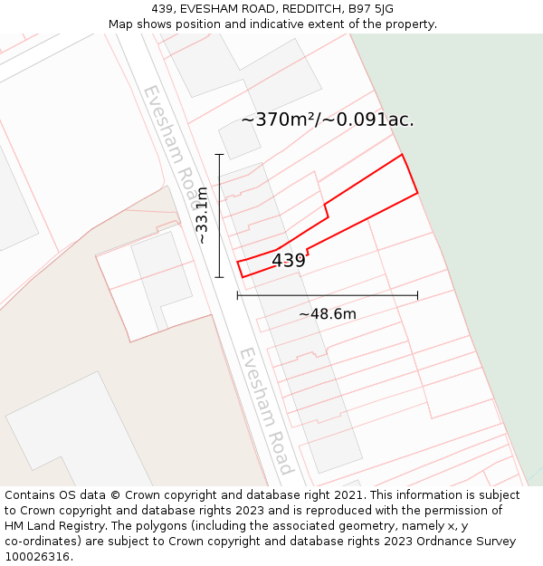 439, EVESHAM ROAD, REDDITCH, B97 5JG: Plot and title map