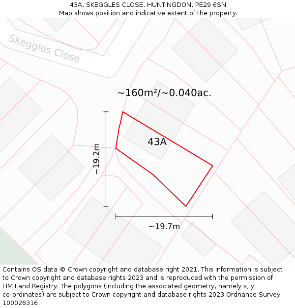 43A, SKEGGLES CLOSE, HUNTINGDON, PE29 6SN: Plot and title map