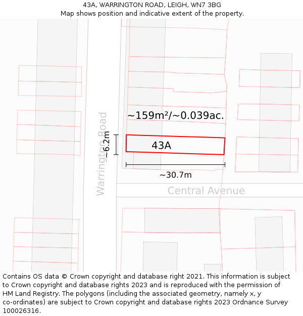 43A, WARRINGTON ROAD, LEIGH, WN7 3BG: Plot and title map