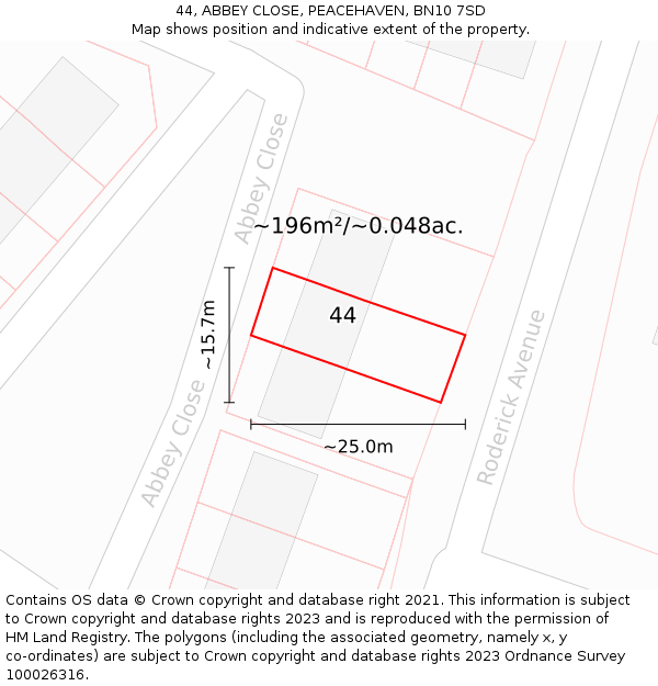 44, ABBEY CLOSE, PEACEHAVEN, BN10 7SD: Plot and title map