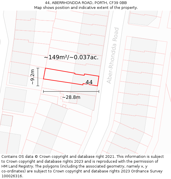 44, ABERRHONDDA ROAD, PORTH, CF39 0BB: Plot and title map
