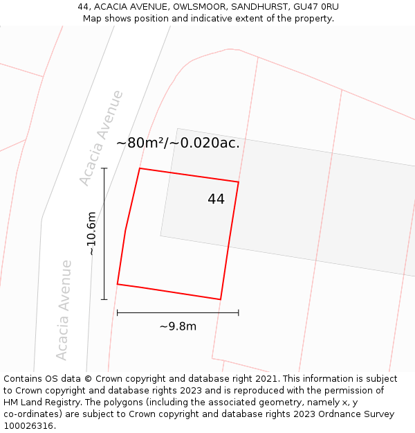 44, ACACIA AVENUE, OWLSMOOR, SANDHURST, GU47 0RU: Plot and title map