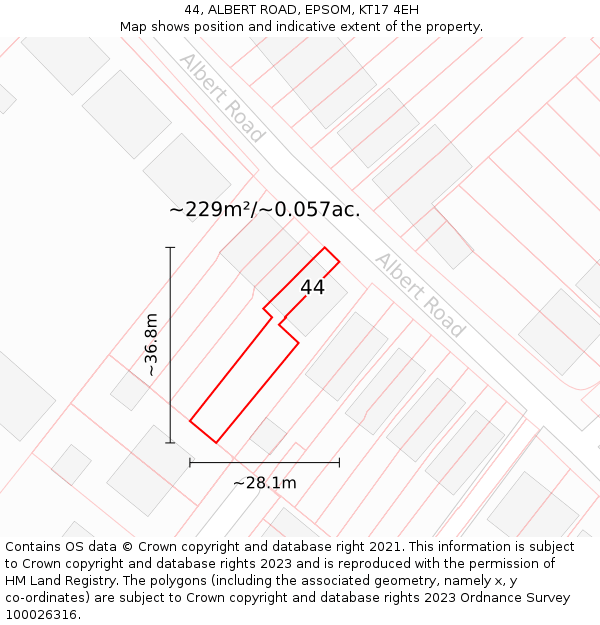 44, ALBERT ROAD, EPSOM, KT17 4EH: Plot and title map