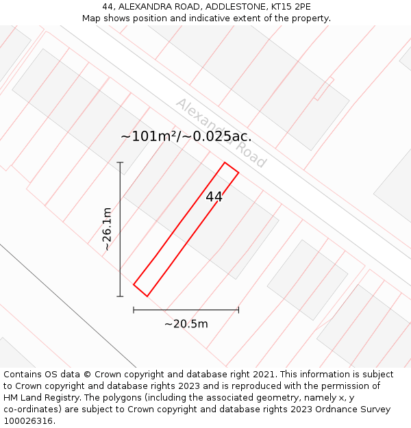 44, ALEXANDRA ROAD, ADDLESTONE, KT15 2PE: Plot and title map