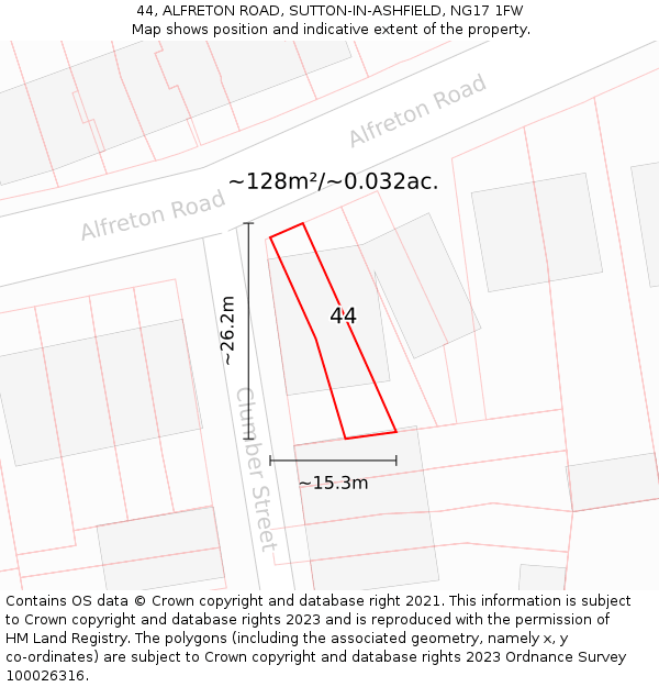 44, ALFRETON ROAD, SUTTON-IN-ASHFIELD, NG17 1FW: Plot and title map
